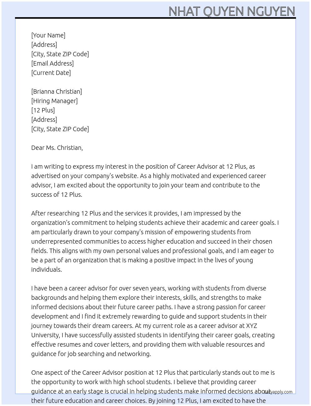 Career advisor At 12 Plus Cover Letter