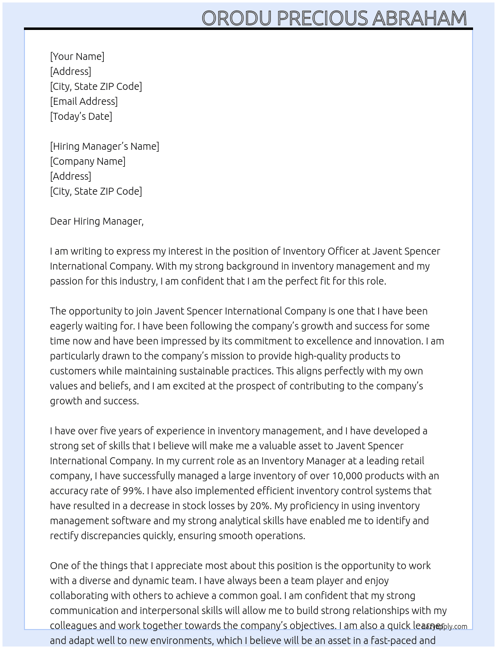 Inventory Officer  At Javent Spencer international company  Cover Letter
