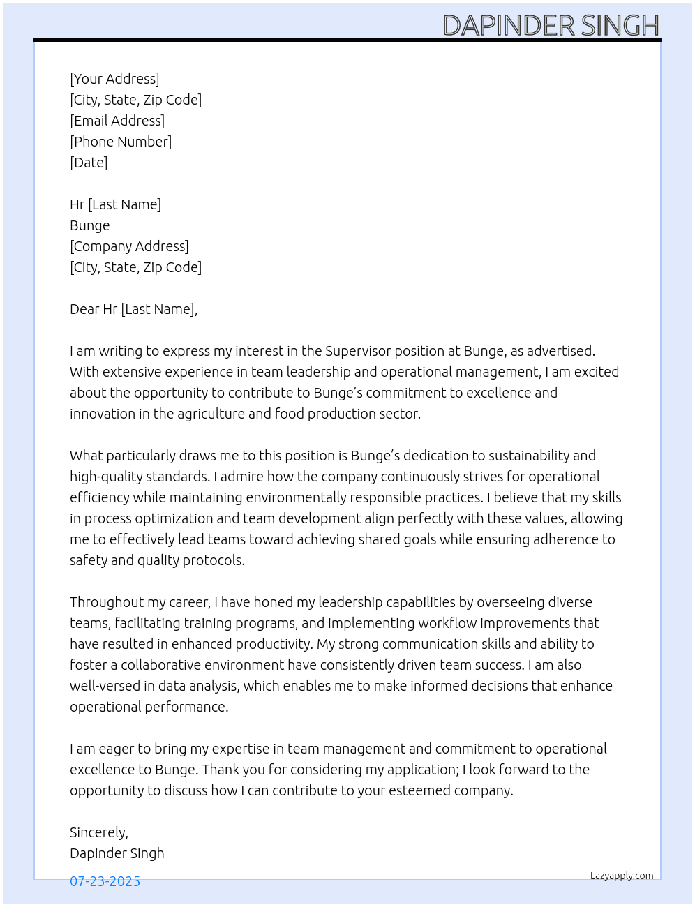 Supervisor At Bunge Cover Letter