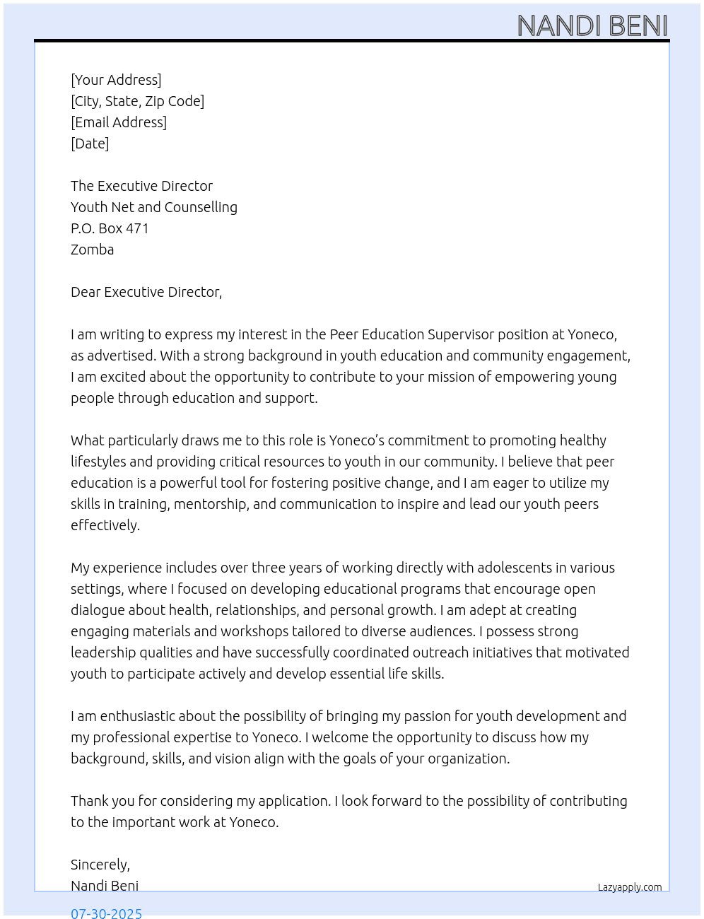 Cover letter for peer education supervisor - LazyApply
