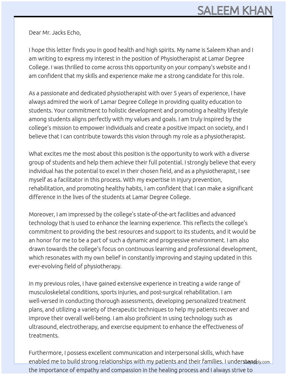 Physiotheraphist At Lamar degree college Cover Letter