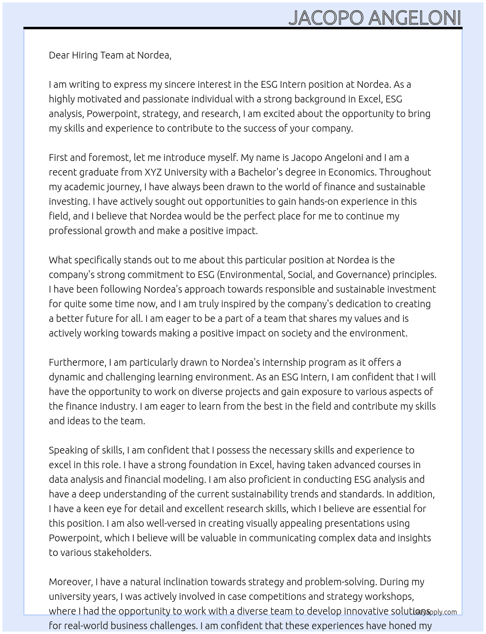 ESG Intern At Nordea Cover Letter