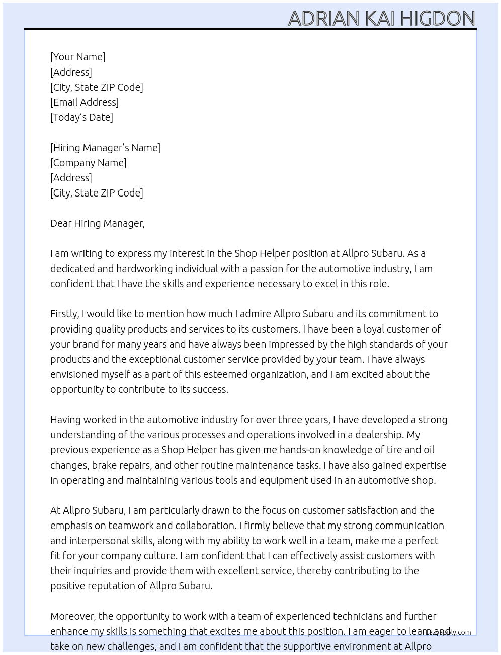 Shop helper At Allpro Subaru Cover Letter