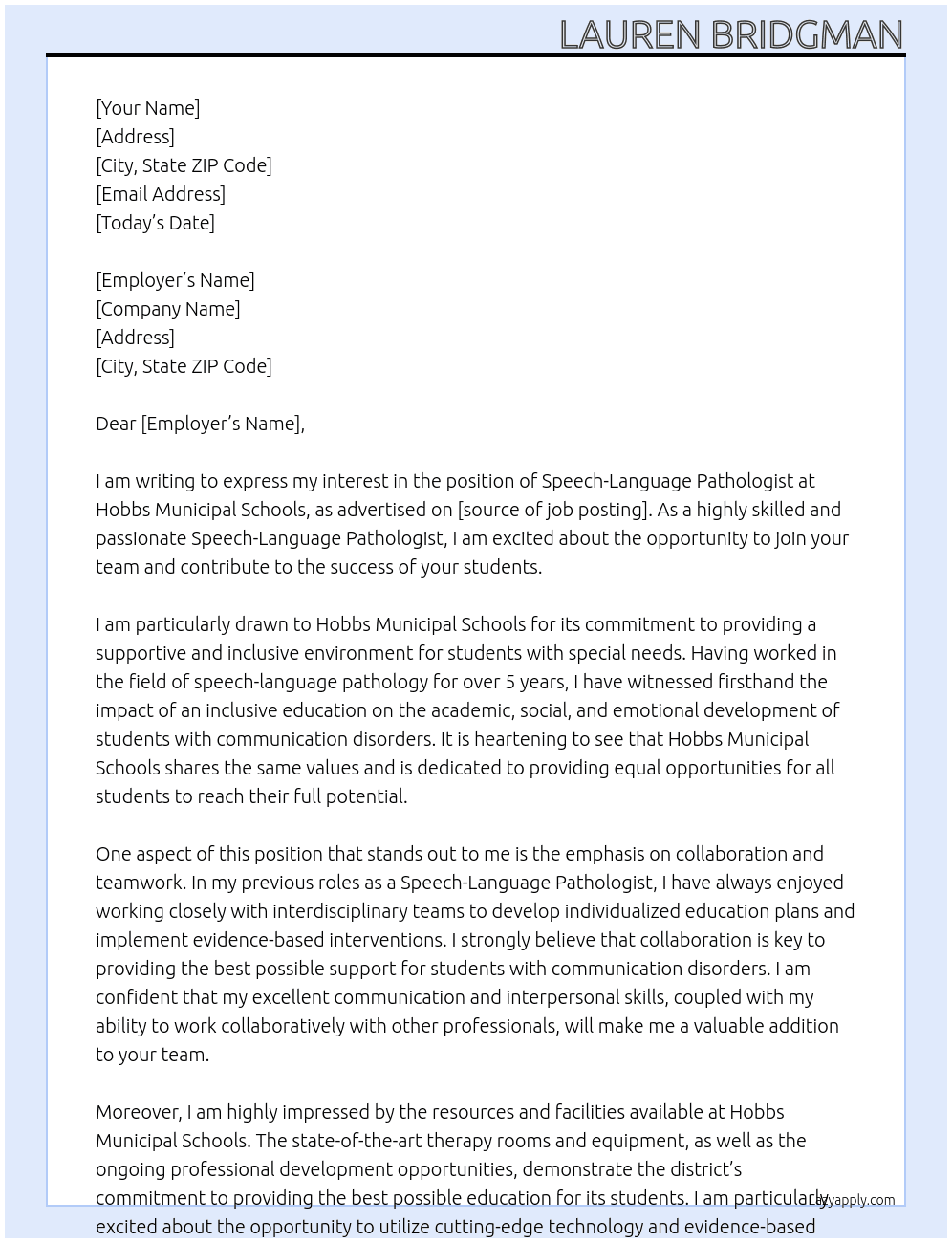 Speech-Language Pathologist At Hobbs Municipal Schools Cover Letter