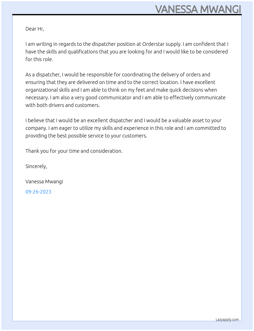 Dispatcher At Orderstar supply Cover Letter