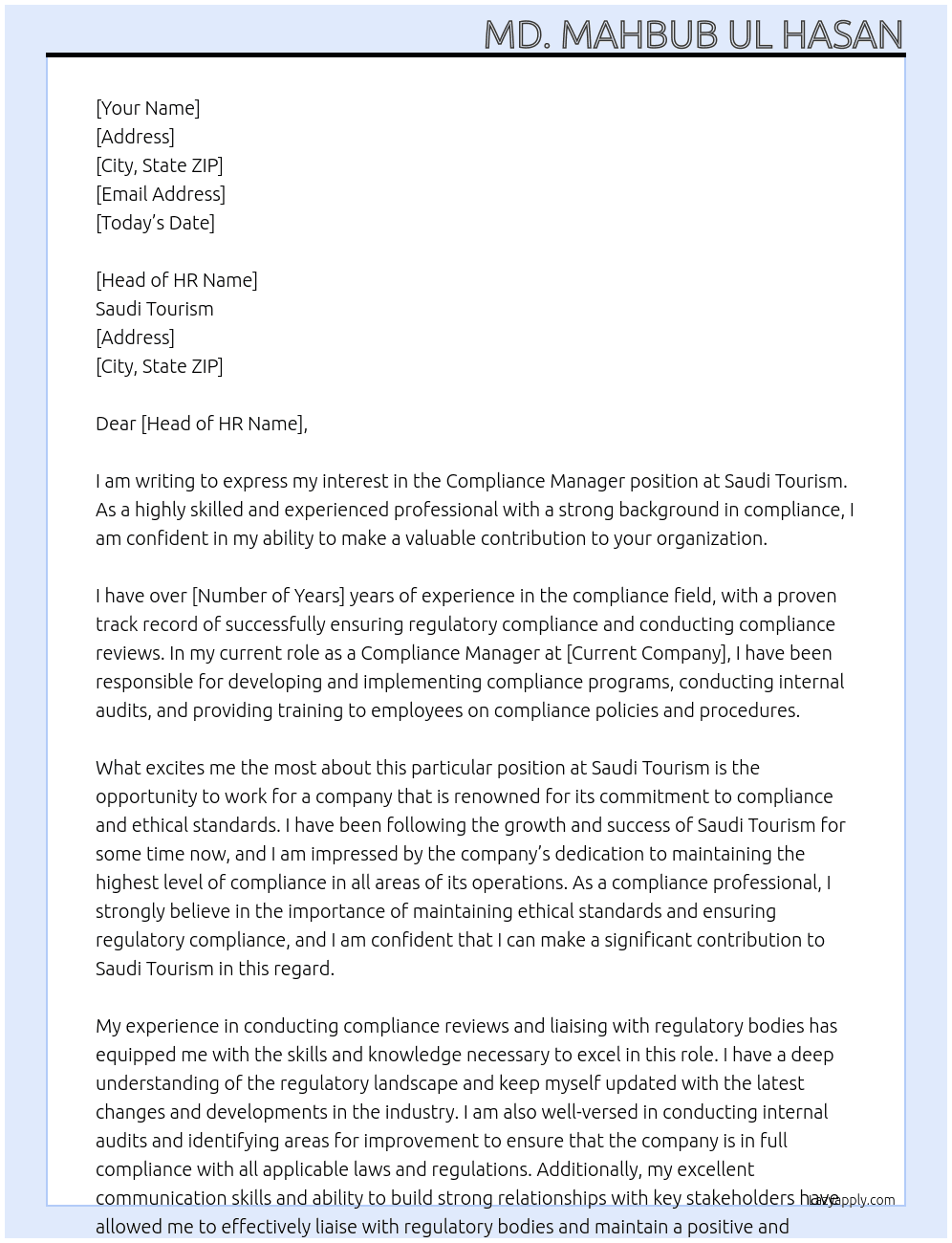 Compliance Manager  At Saudi Tourism Cover Letter