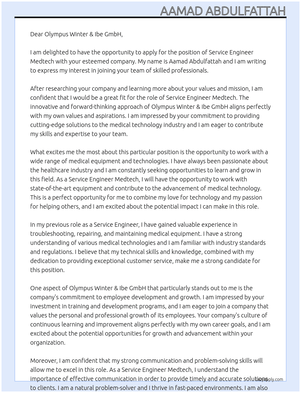 Service Engineer Medtech At Olympus Winter & Ibe GmbH Cover Letter