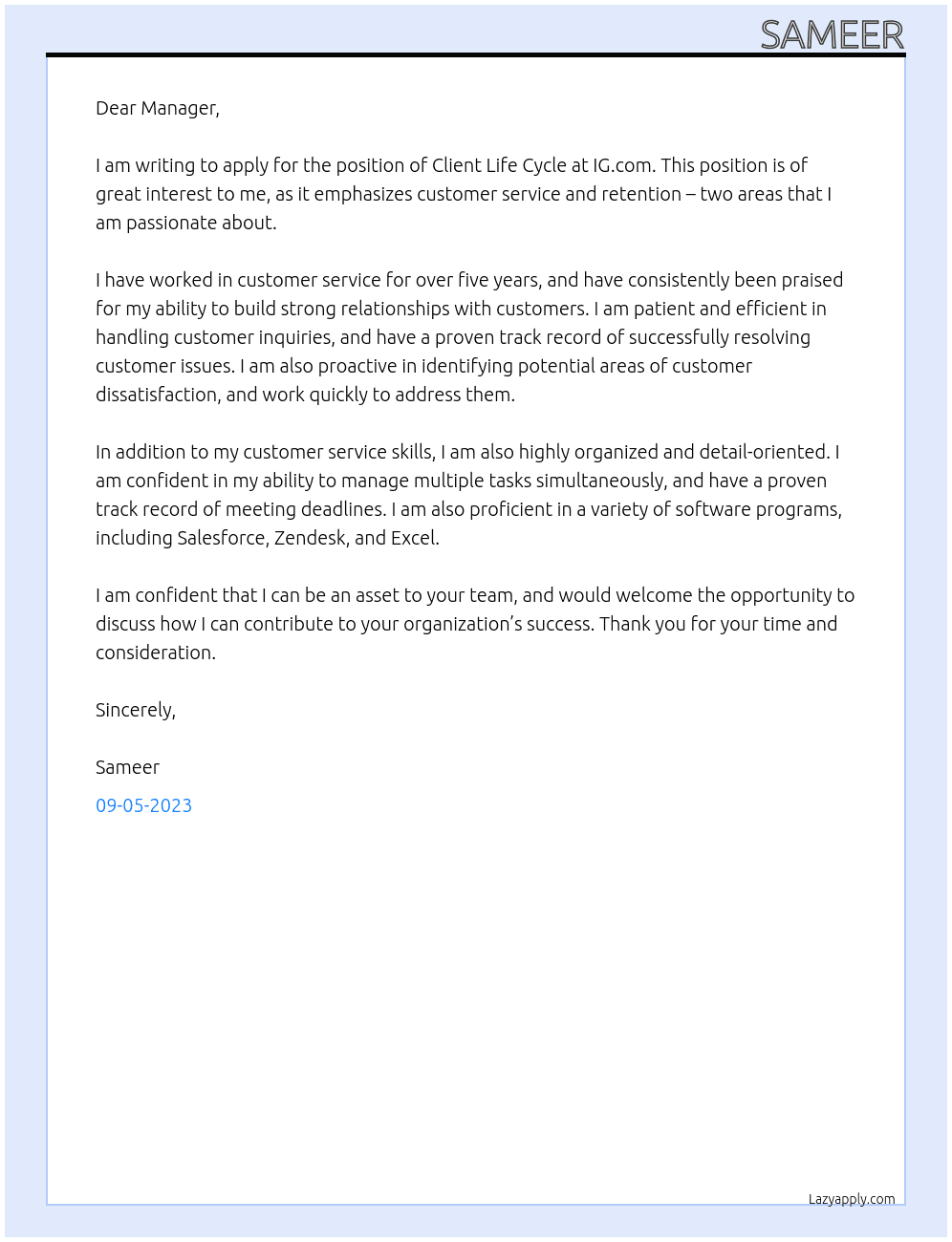 Client life cycle  At IG.com Cover Letter