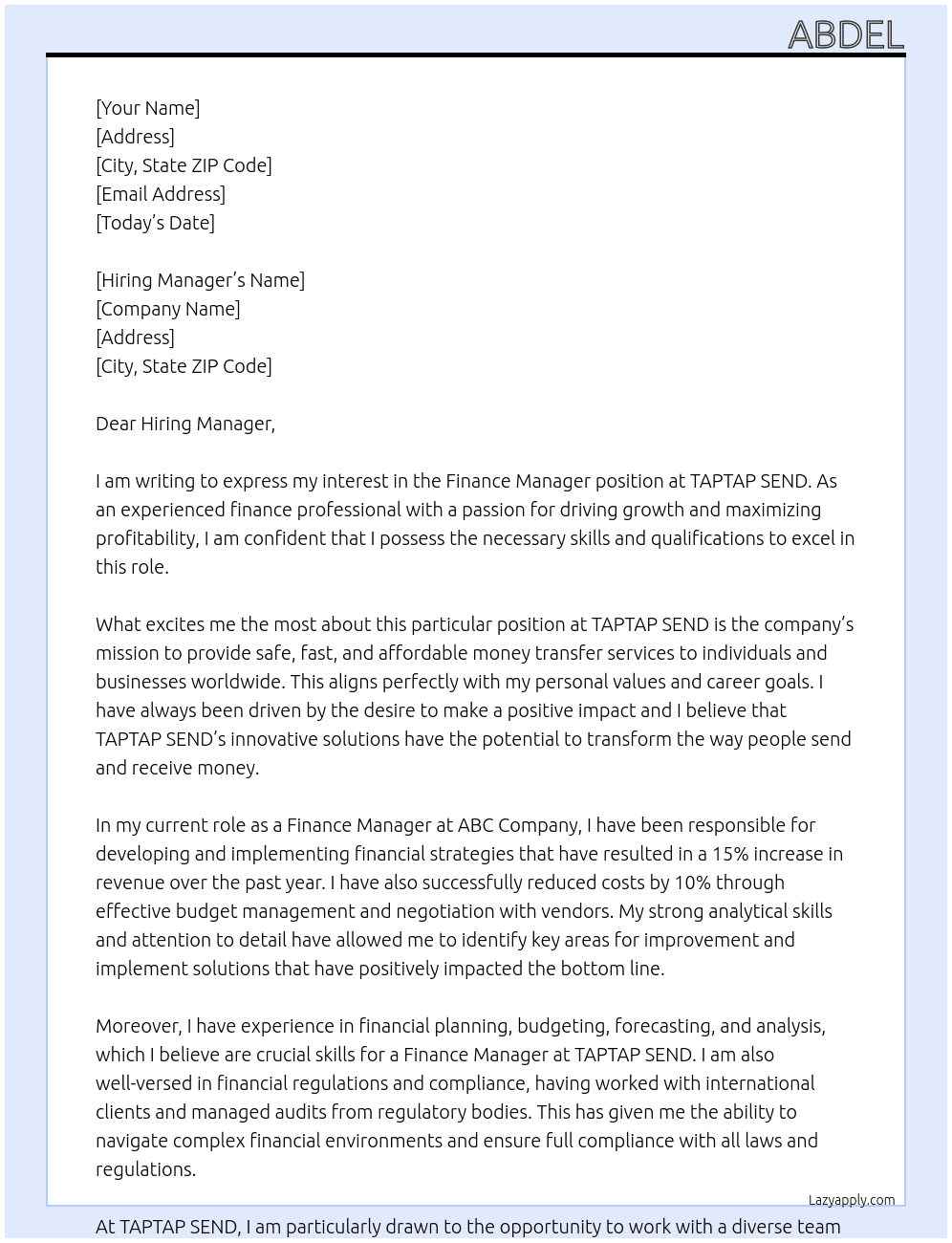 Finance Manager At TAPTAP SEND Cover Letter