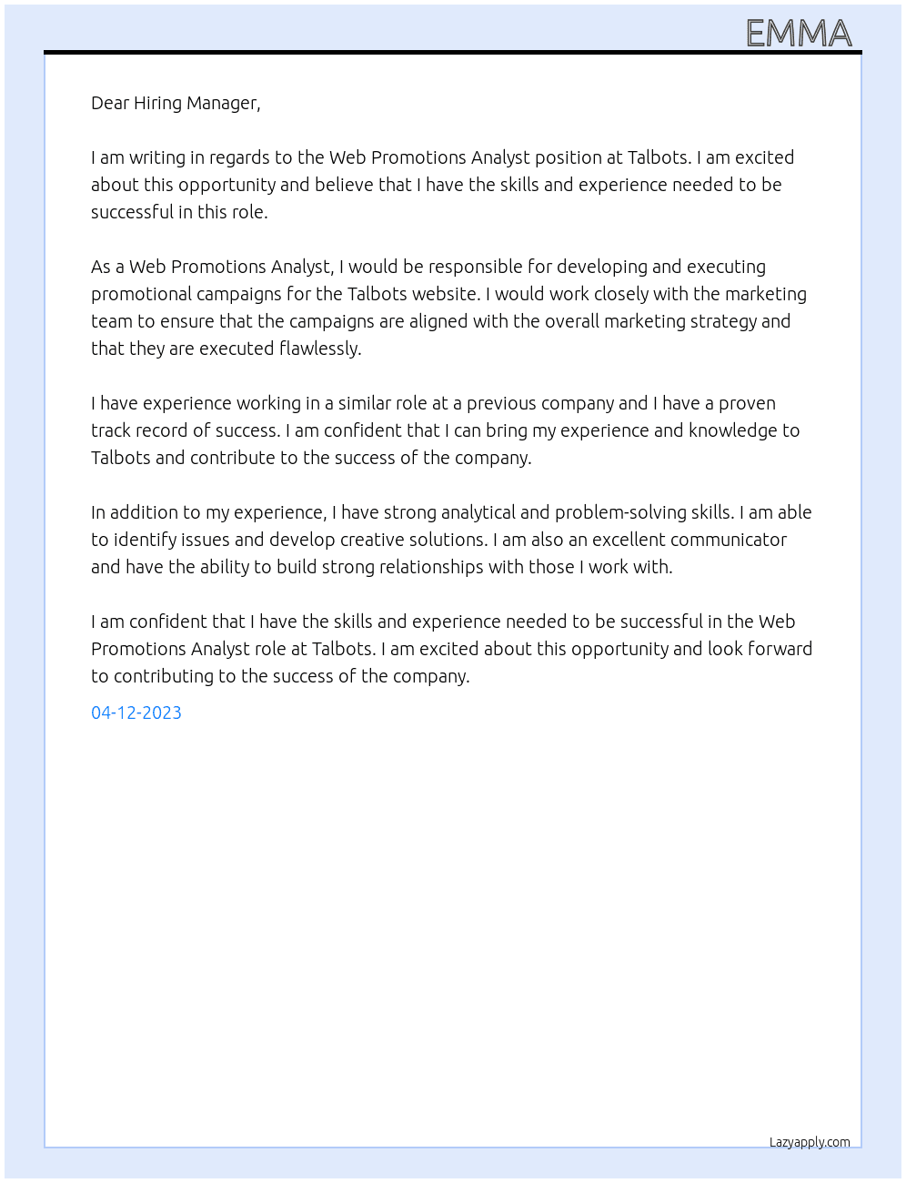 Web Promotions Analyst At Talbots Cover Letter