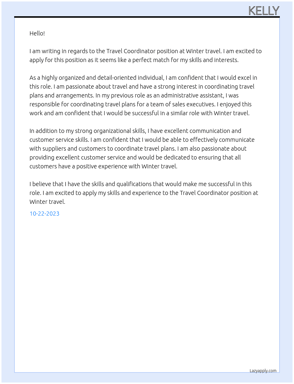 Travel Coordinator At Winter travel  Cover Letter