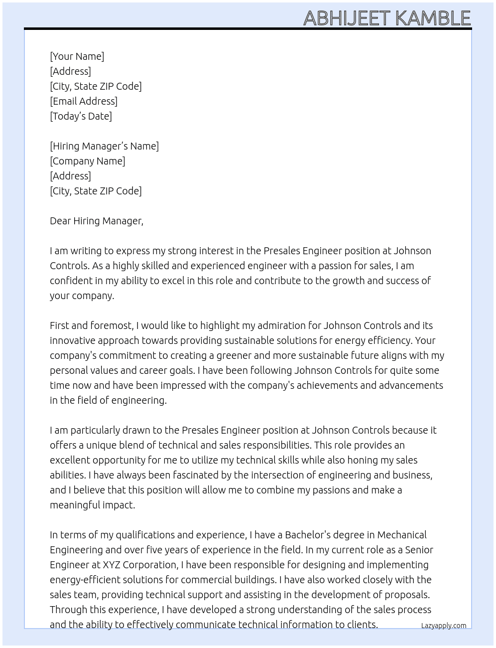 Presales Engineer At Johnson Controls Cover Letter