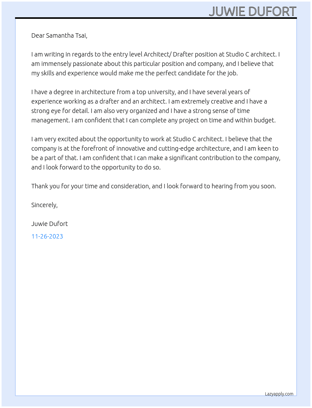 Entry level Architect/ Drafter At Studio C architect  Cover Letter