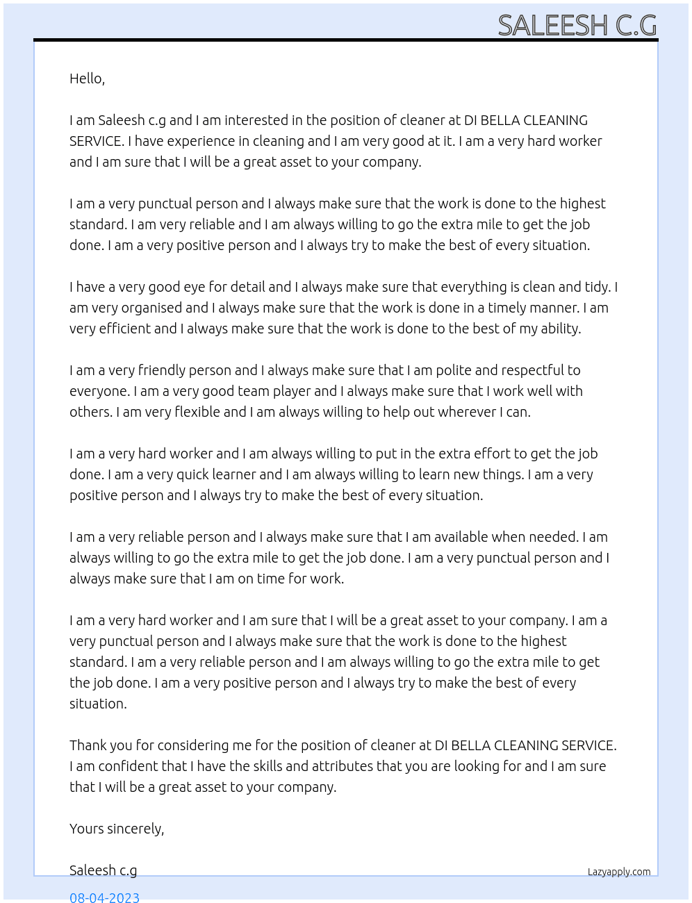 Cleaner At DI BELLA CLEANING SERVICE Cover Letter