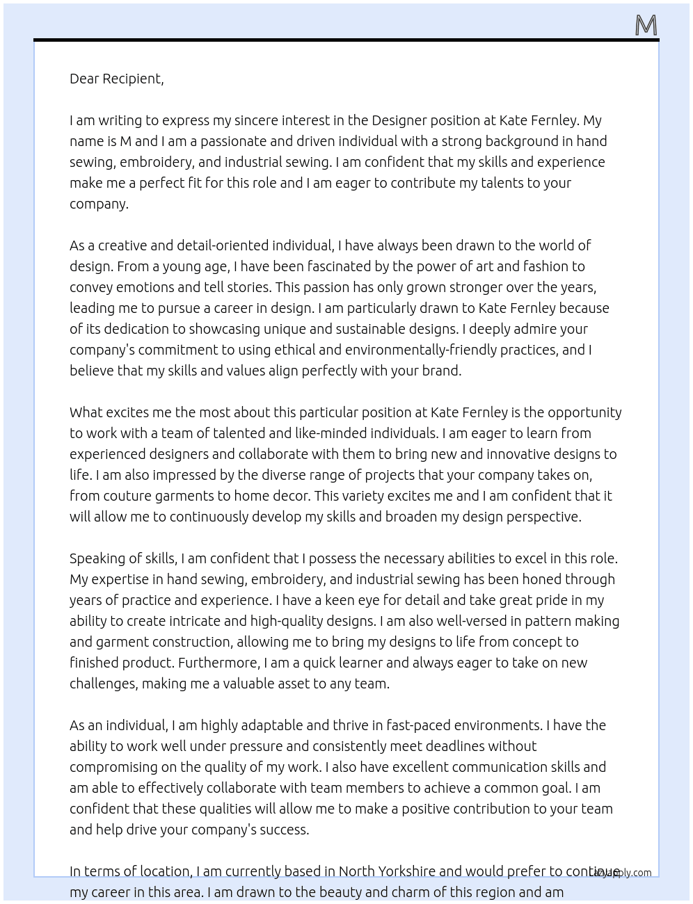  designer At Kate Fernley Cover Letter