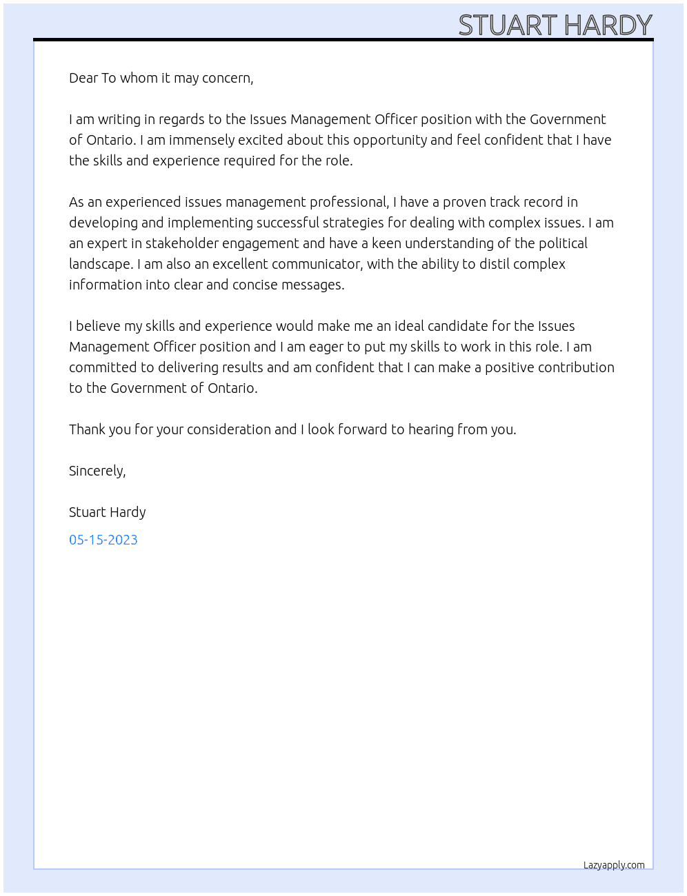 Issues Management Officer At Government of Ontario Cover Letter