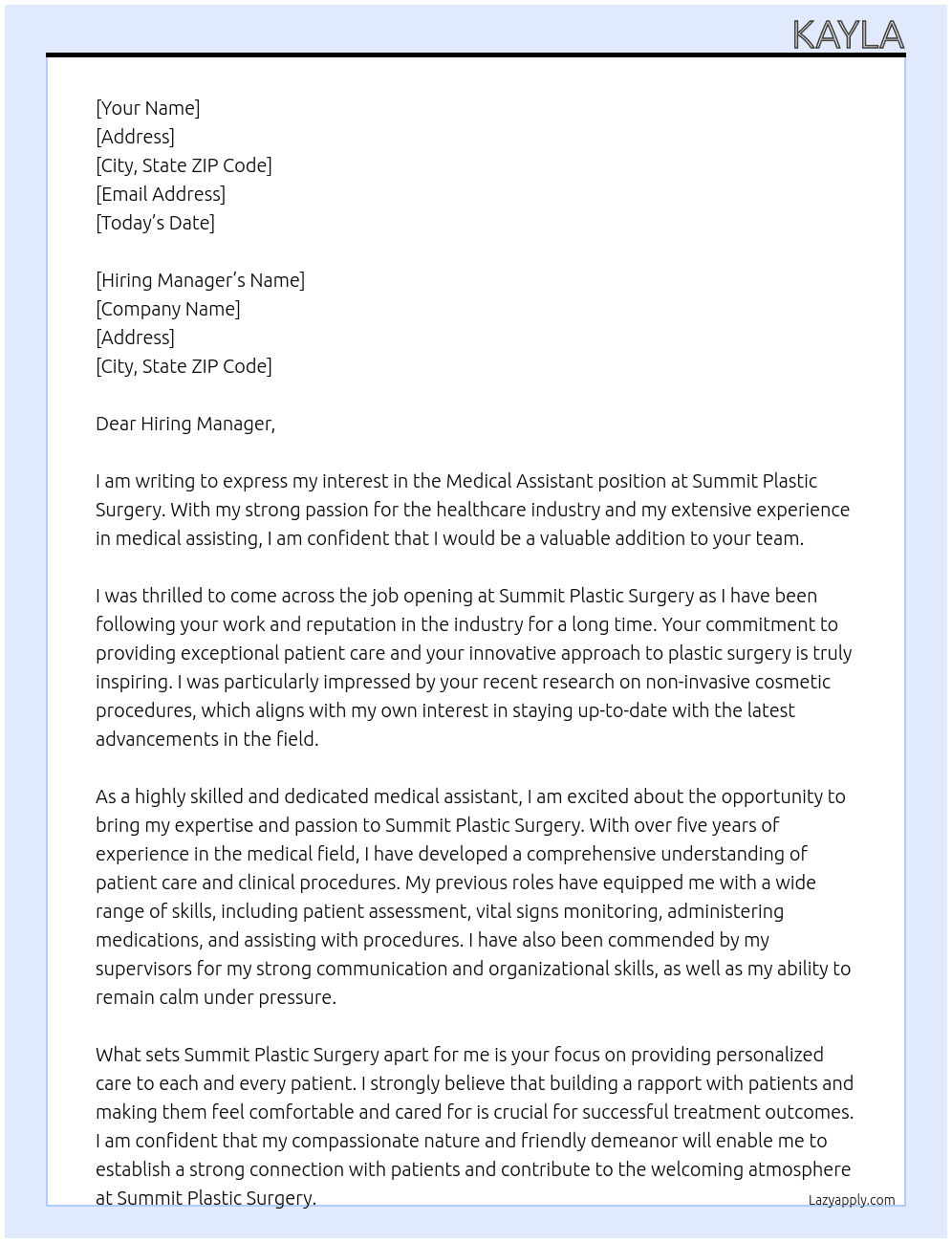 medical assistant At Summit Plastic Surgery Cover Letter