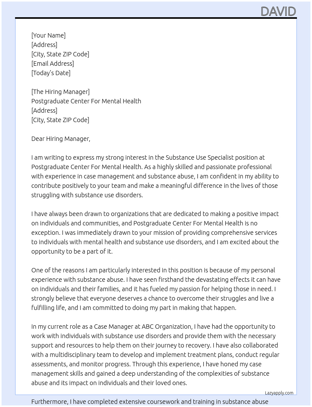 Substance Use Specialist At Postgraduate Center For Mental Health Cover Letter