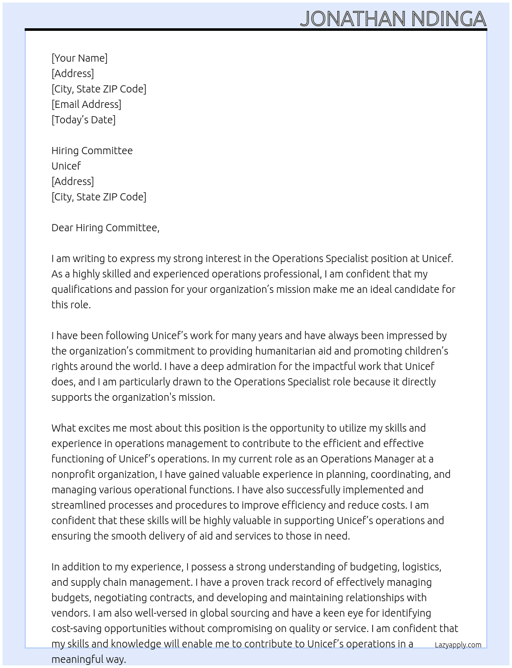Operations specialist At Unicef Cover Letter