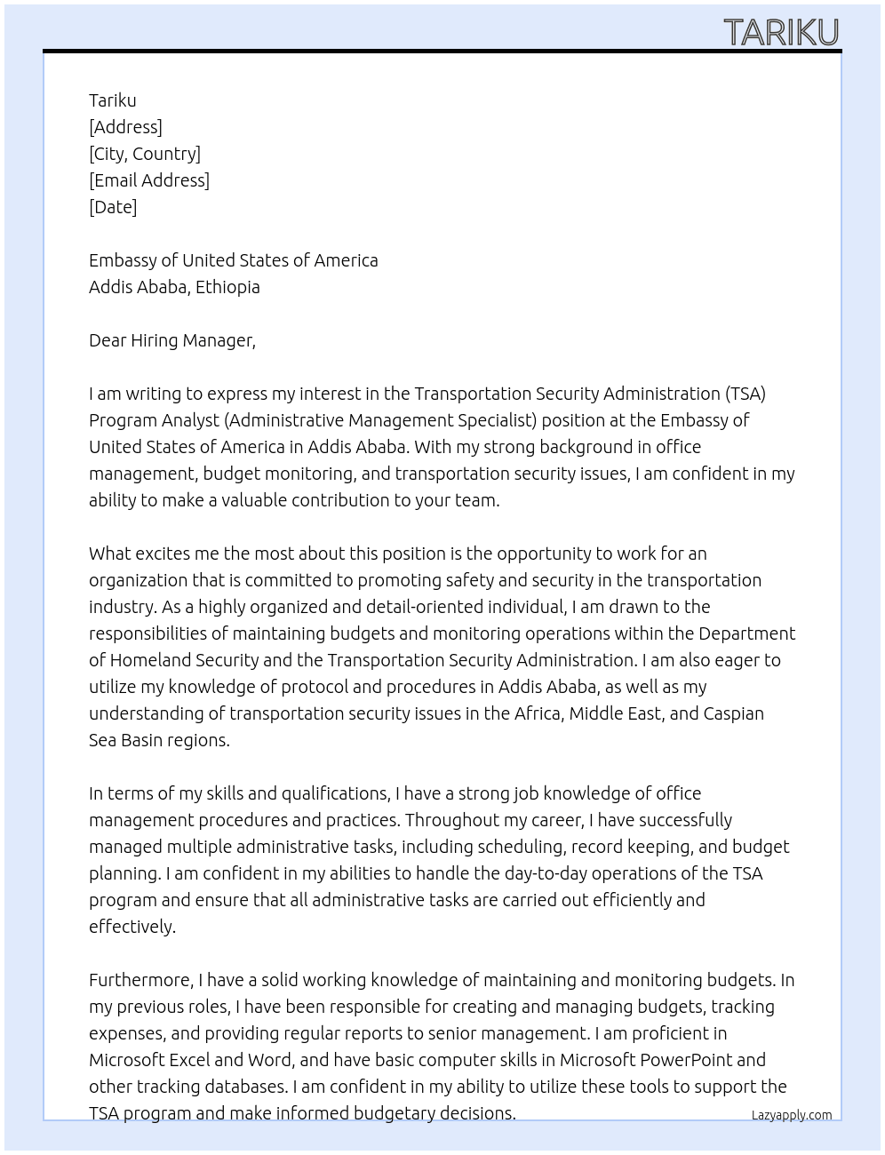 Transportation Security Administration (TSA) Program Analyst (Administrative Management Specialist) At Embassy of United States of America, Addis Ababa Cover Letter