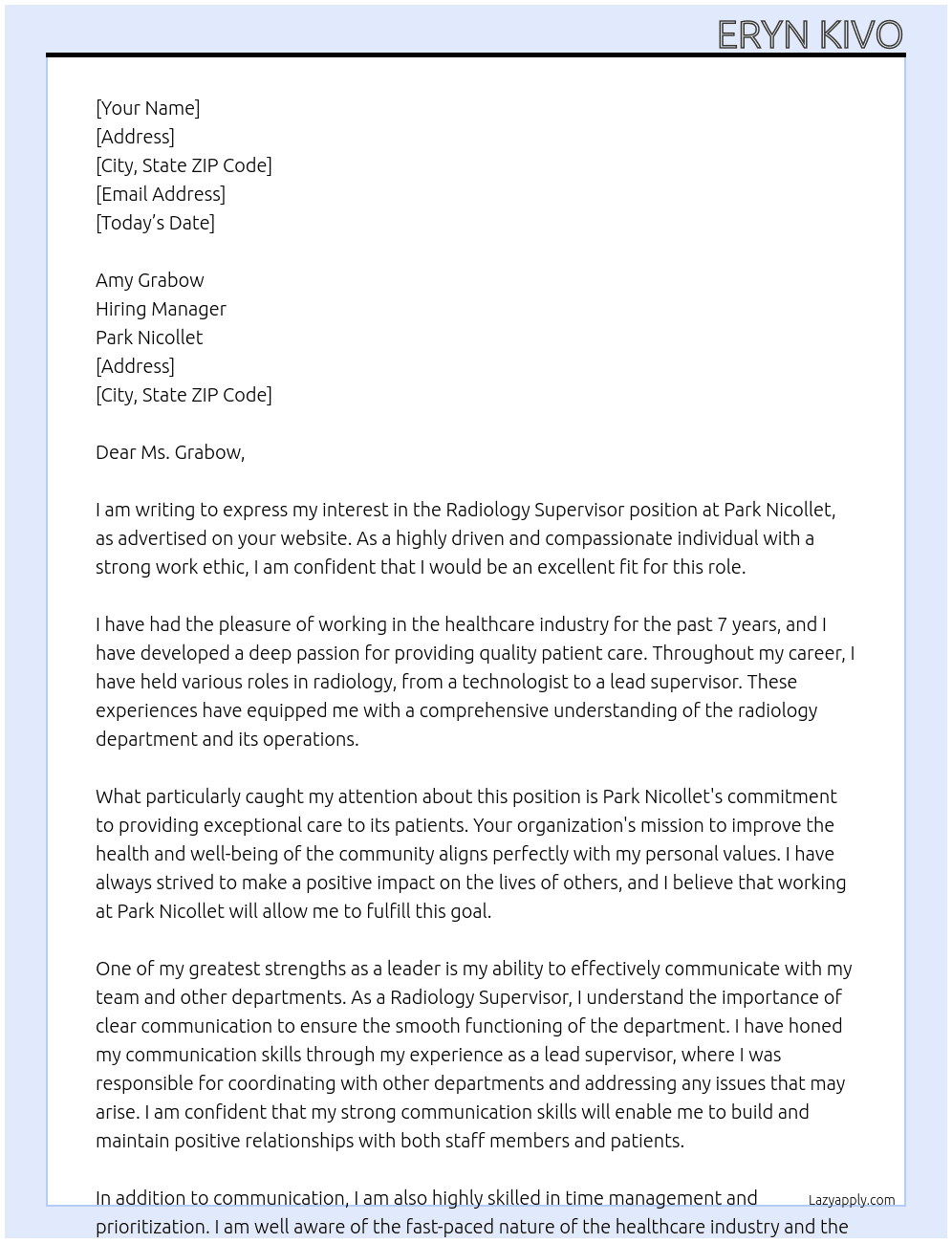Radiology Supervisor At Park Nicollet Cover Letter