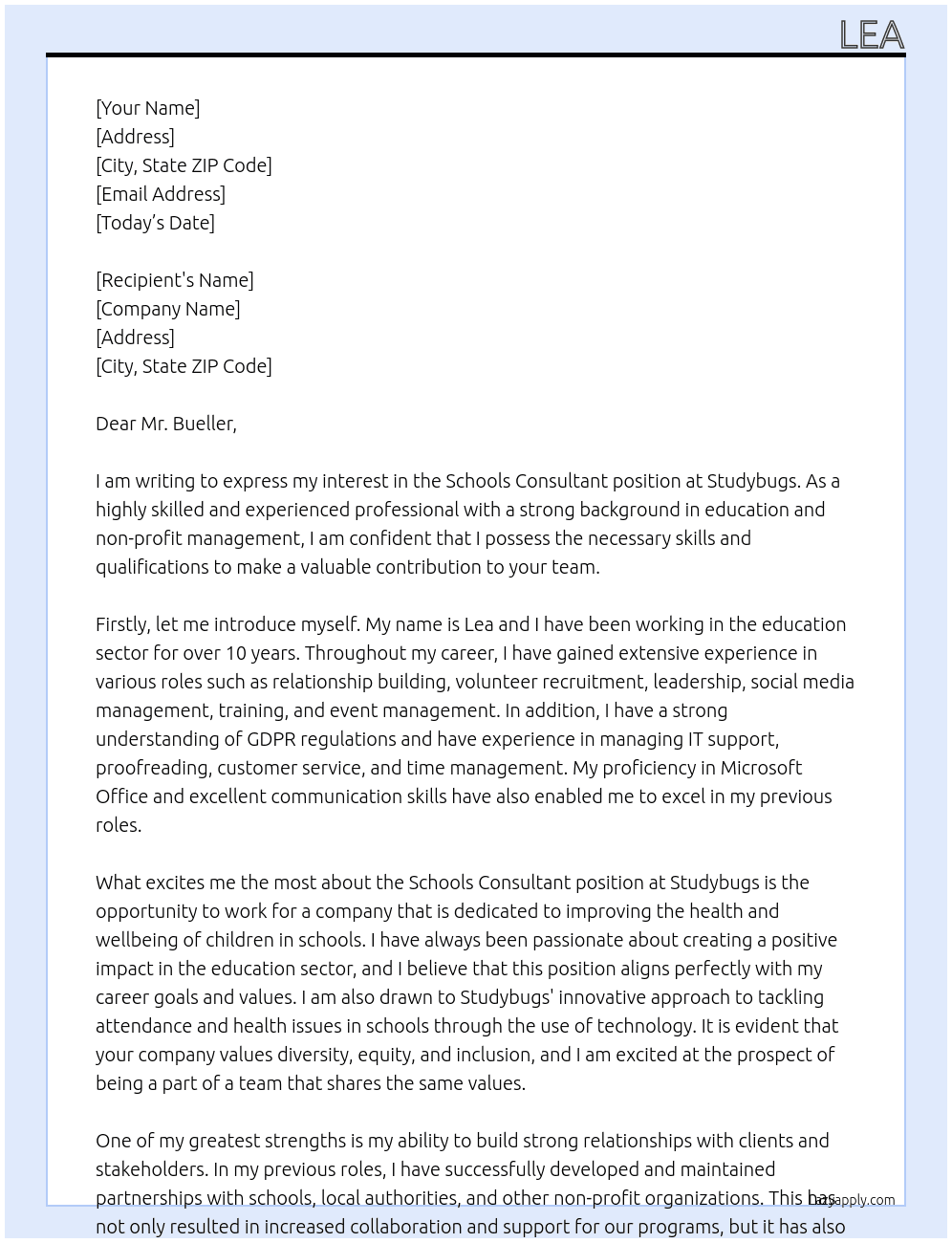 Schools Consultant At Studybugs Cover Letter