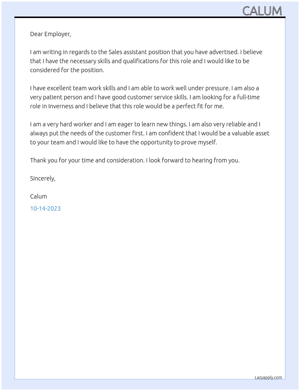 Sales assistant  At Young  Cover Letter
