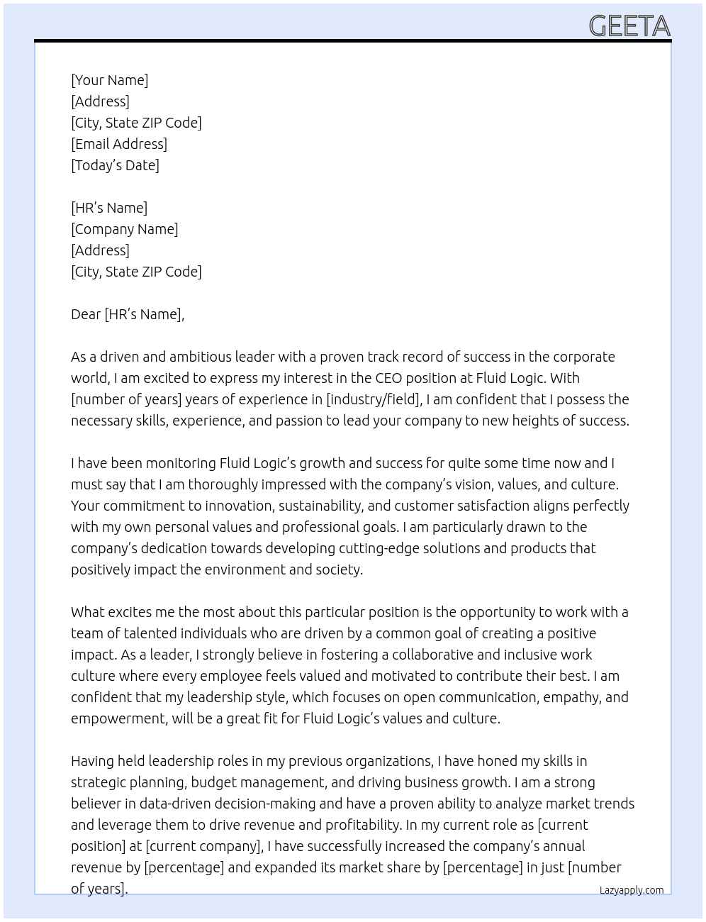 CEO At Fluid Logic Cover Letter
