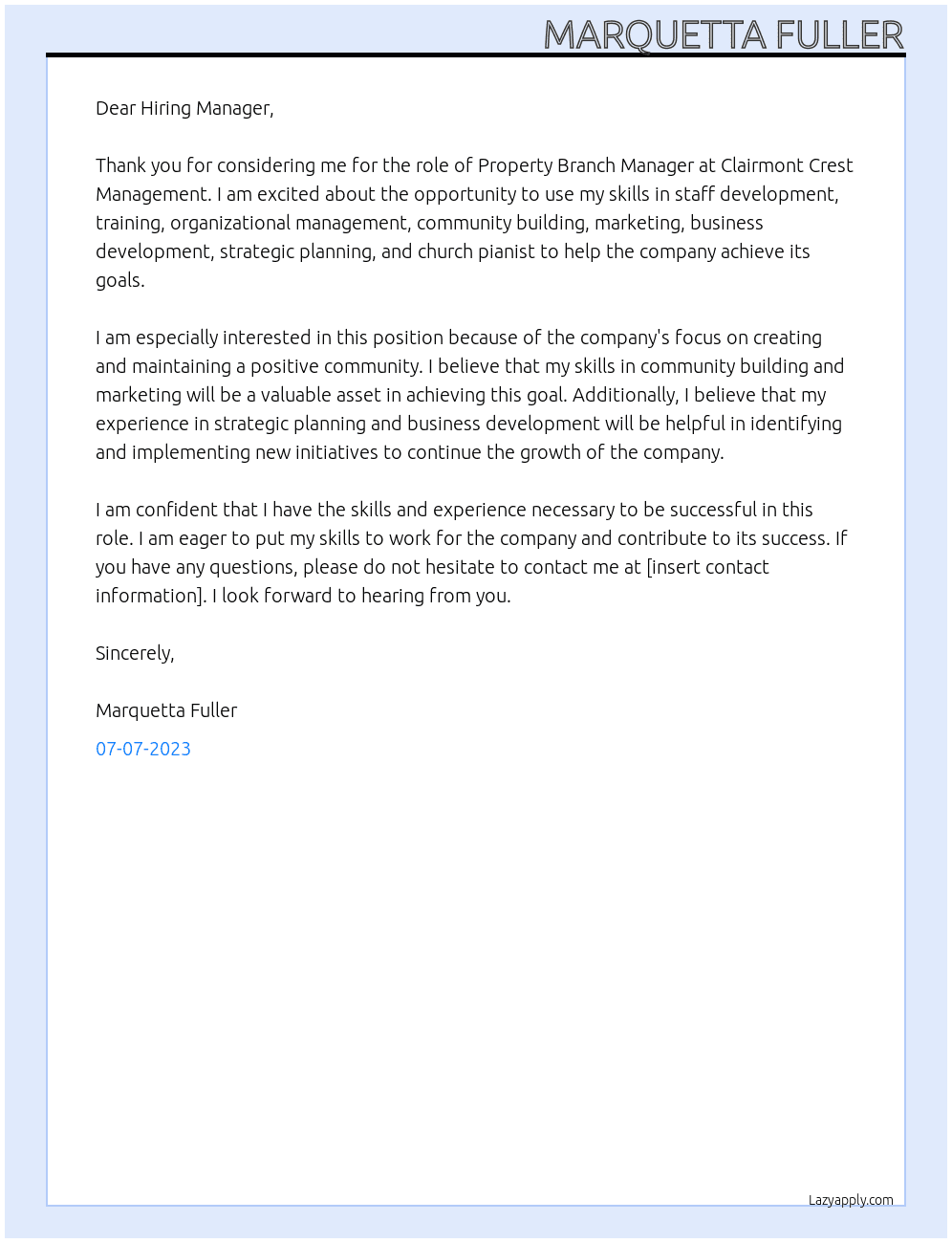 Property Branch Manager At Clairmont Crest Management Cover Letter