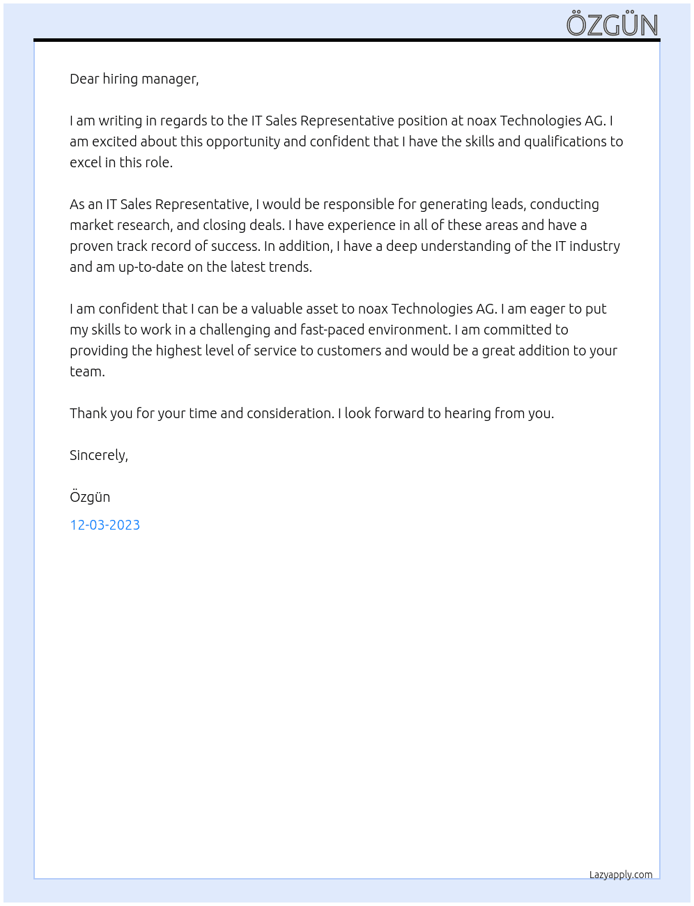 IT Sales Representative At noax Technologies AG Cover Letter