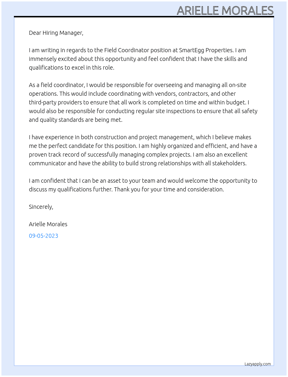 Field Coordinator At SmartEgg Properties Cover Letter