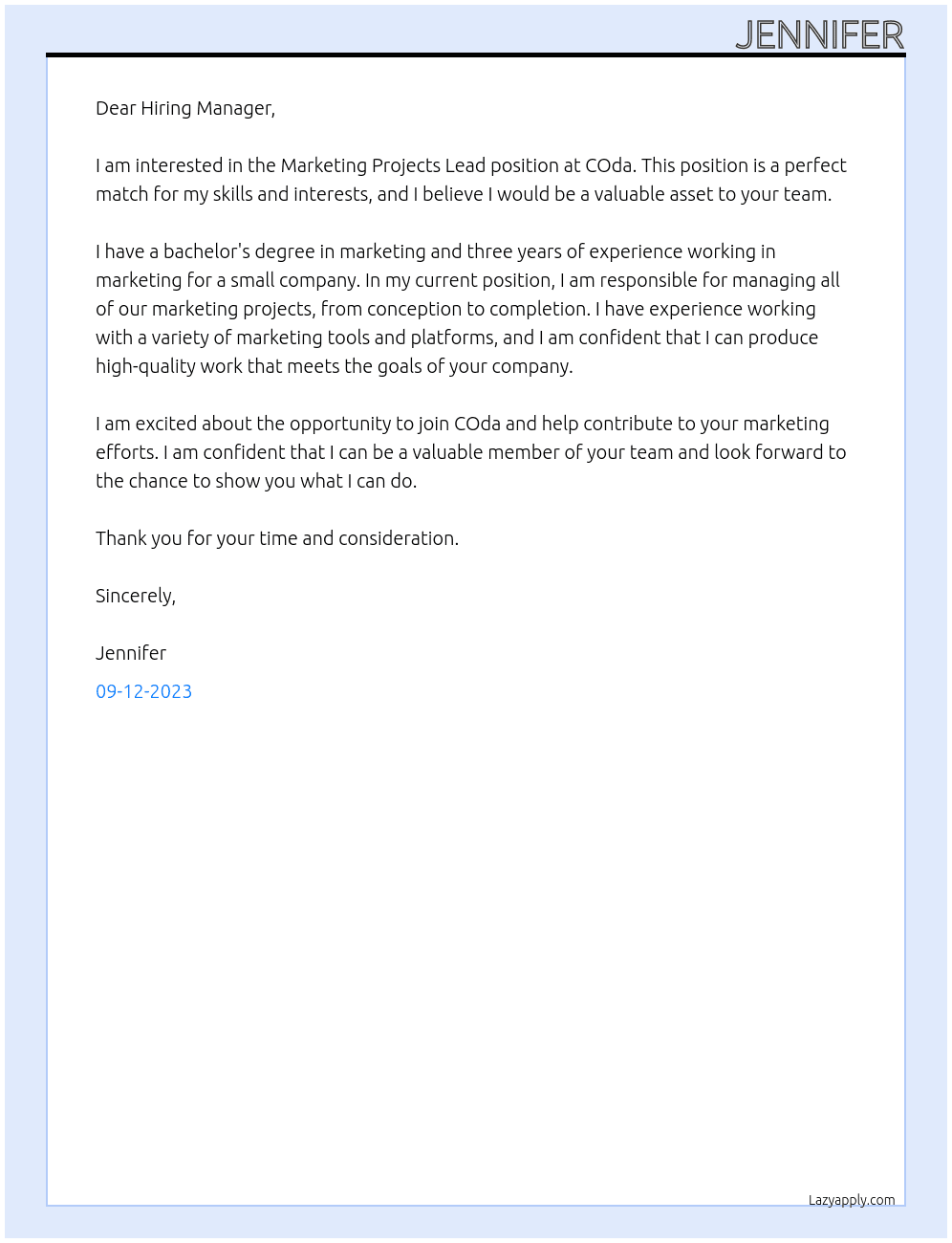 Marketing Projects Lead At COda Cover Letter