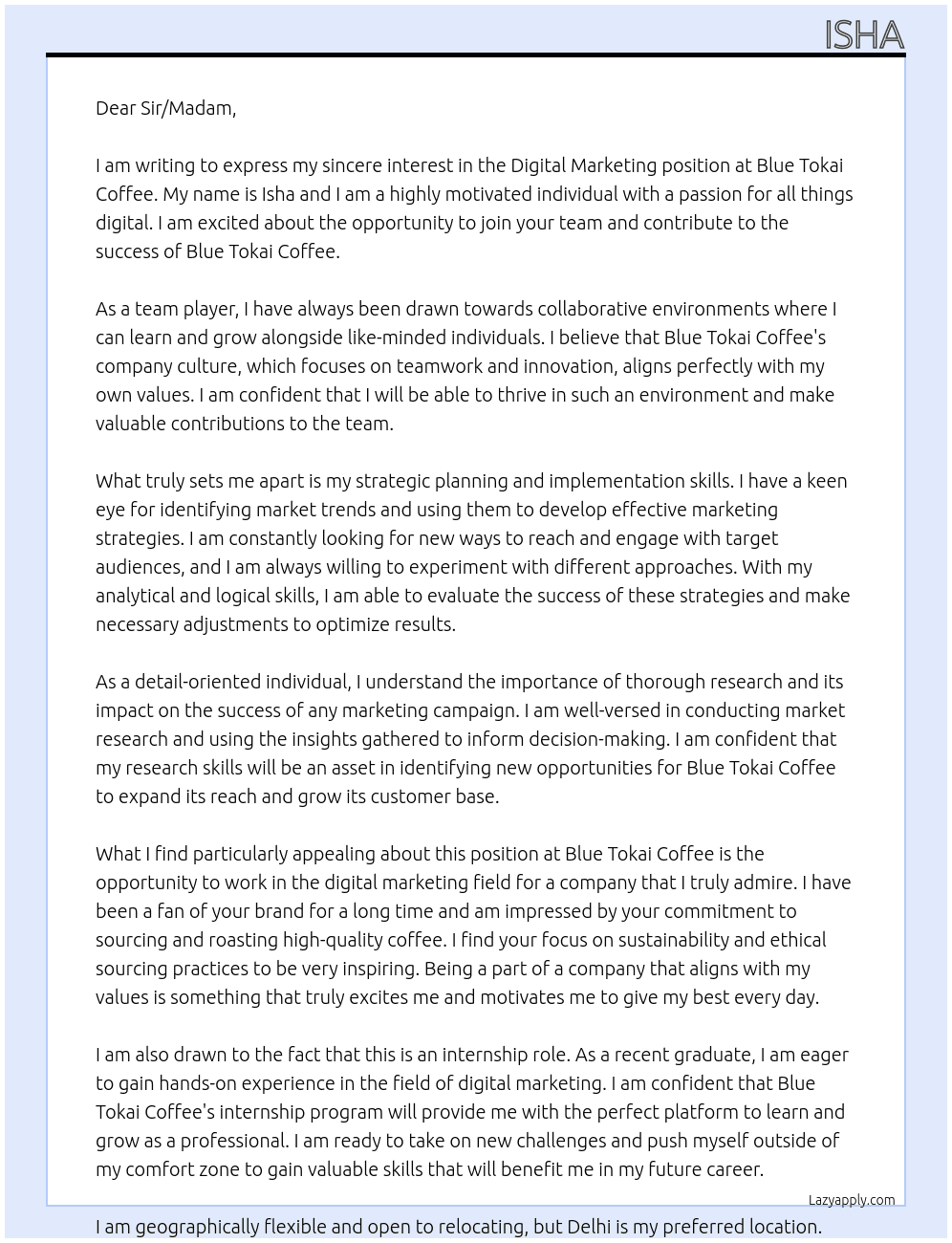 Digital marketing  At Blue Tokai Coffee Cover Letter