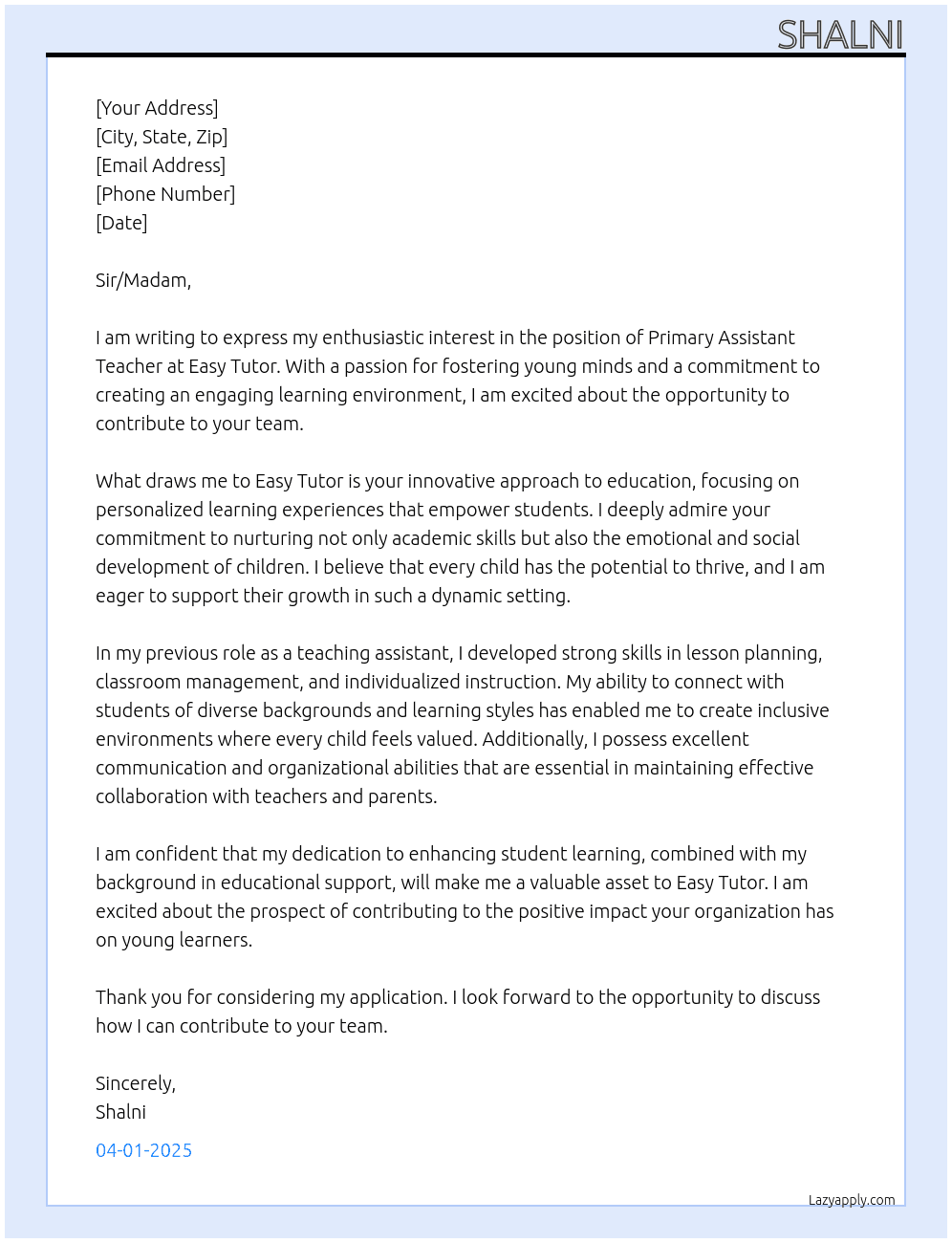 Primary assistant teacher  At Easy tuter  Cover Letter