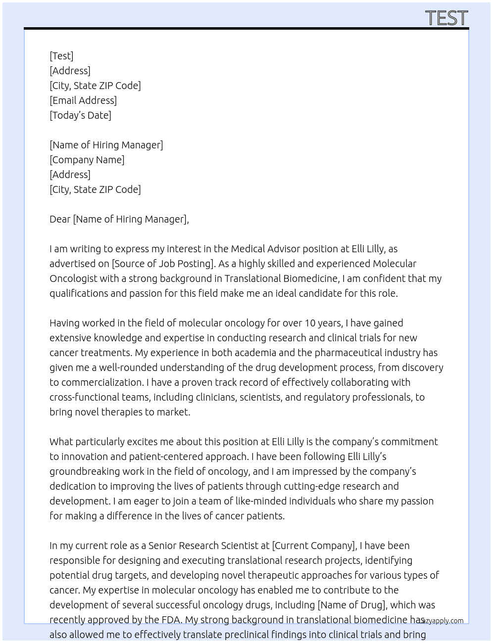 Medical Advisor At Elli Lilly Cover Letter