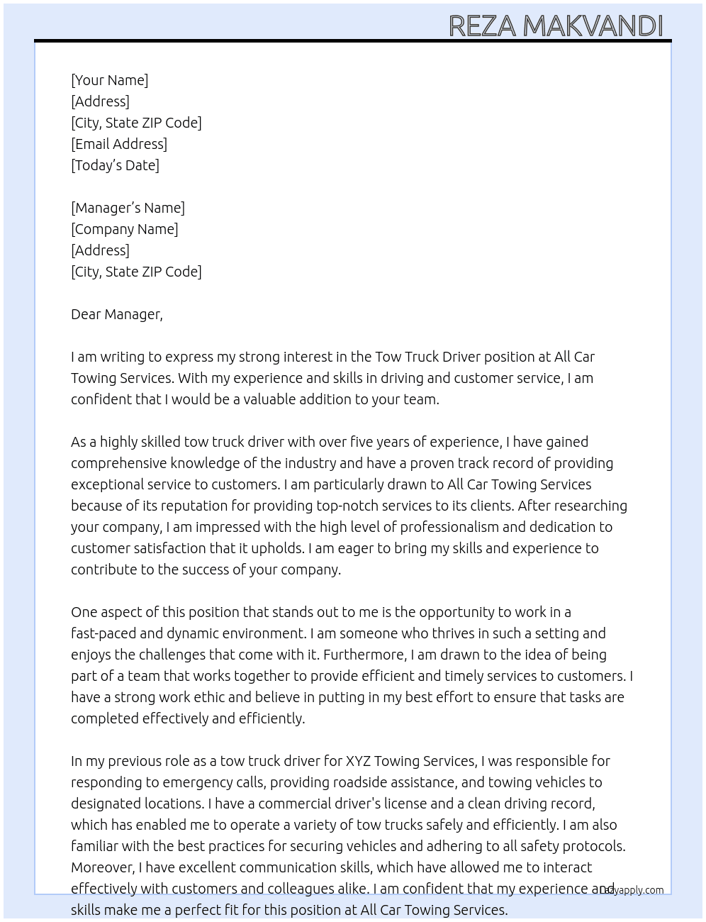 Tow truck driver  At All car towing services  Cover Letter