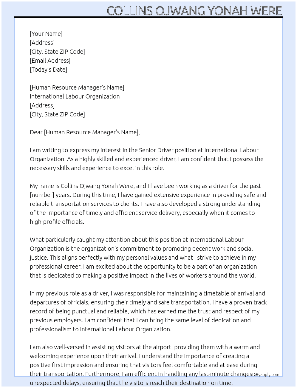 senior driver At International labour organization Cover Letter
