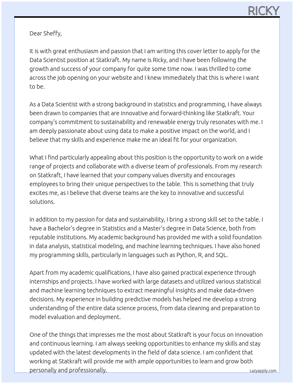 Data Scientist At Statkraft Cover Letter