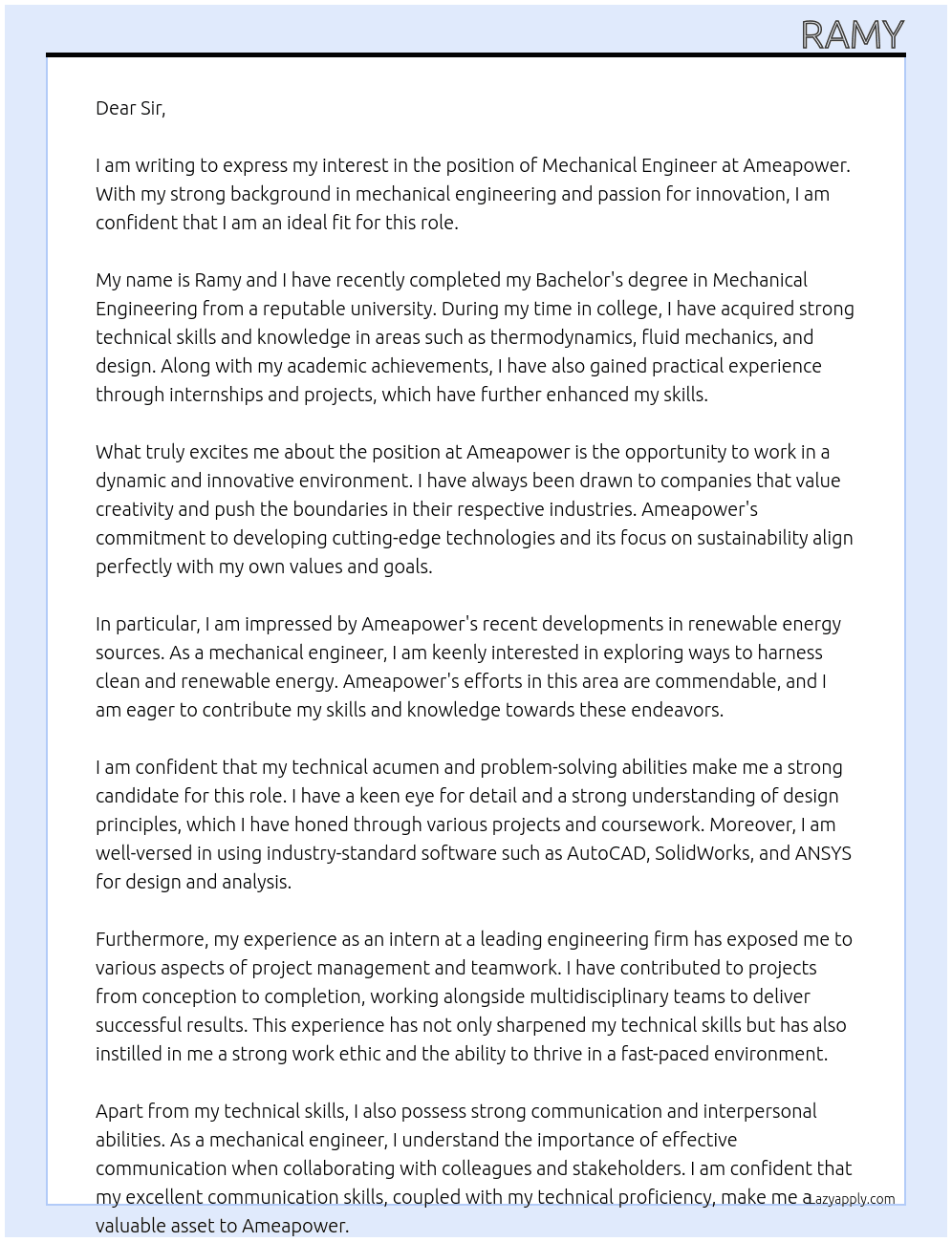 mechanical engineer At ameapower Cover Letter