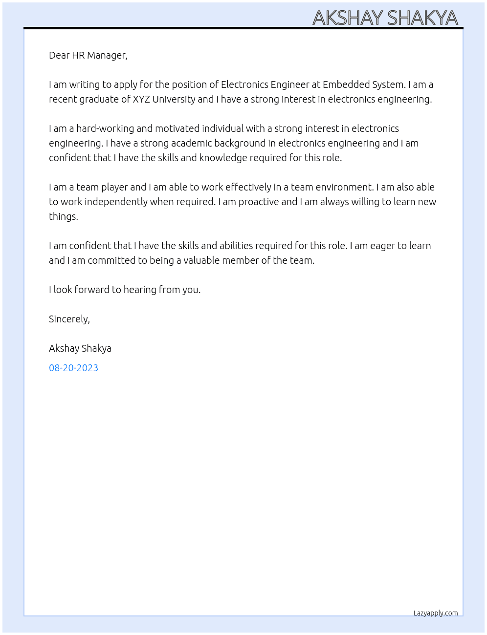 Electronics engineer  At EMBEDDED SYSTEM Cover Letter