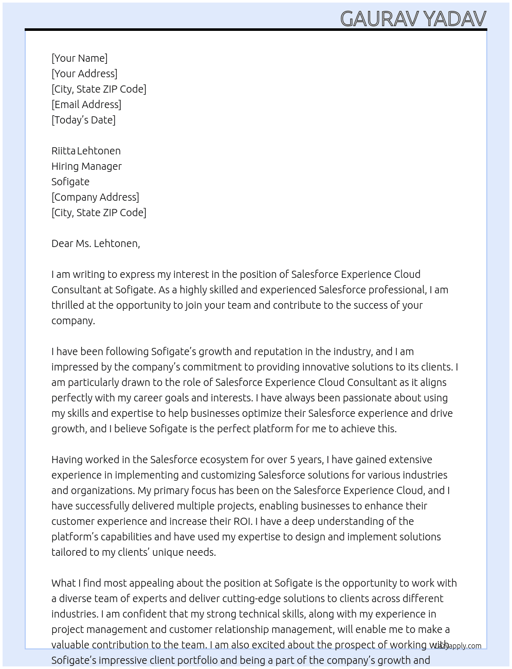 Salesforce Experience Cloud Consultant At Sofigate Cover Letter