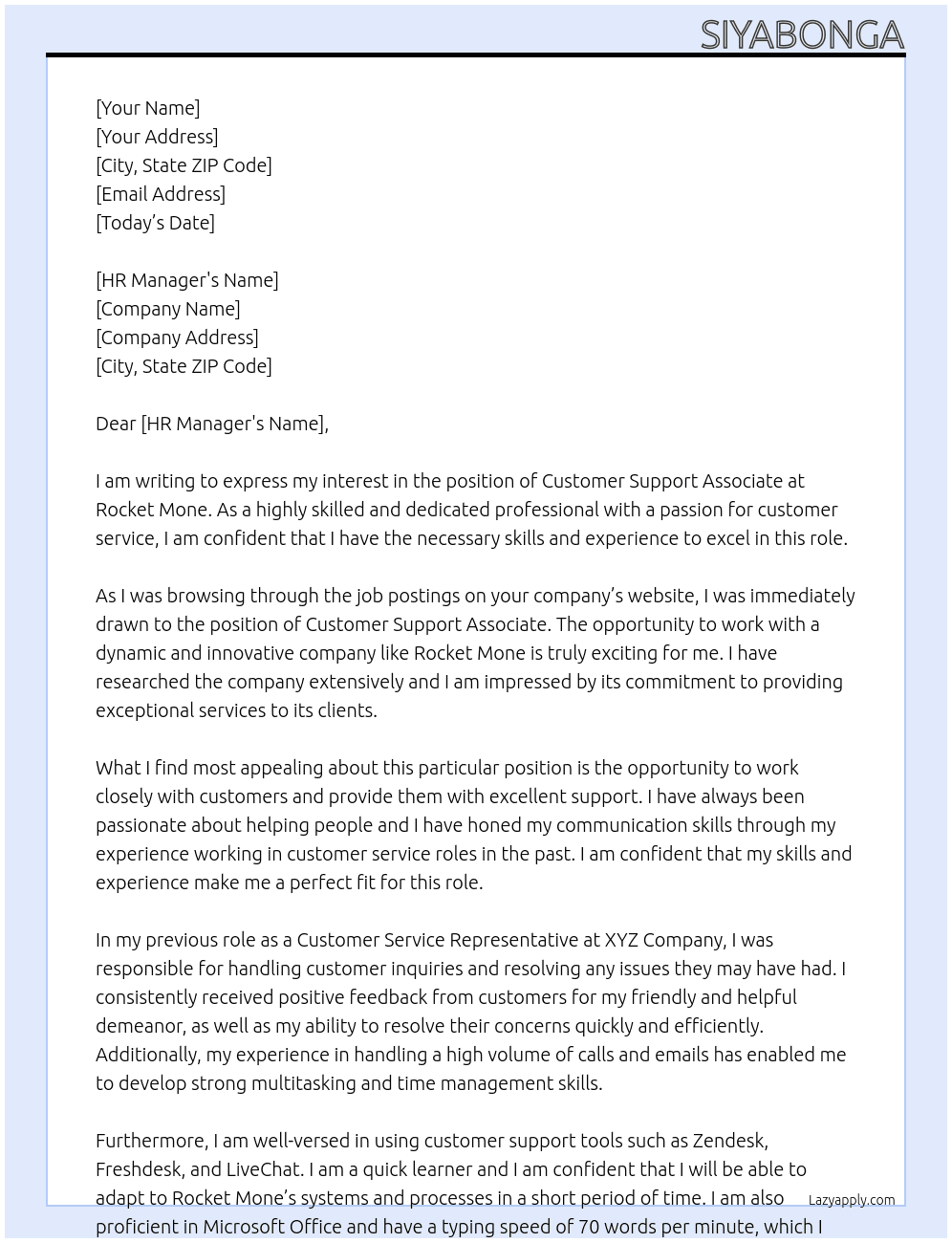 Customer Support Associat At Rocket Mone Cover Letter