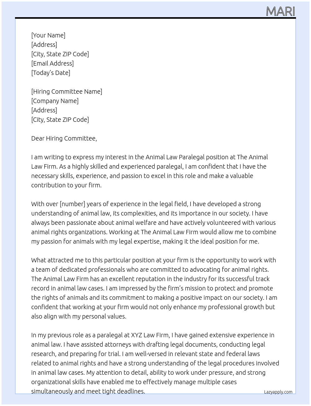 Animal Law Paralegal At The Animal Law Firm  Cover Letter