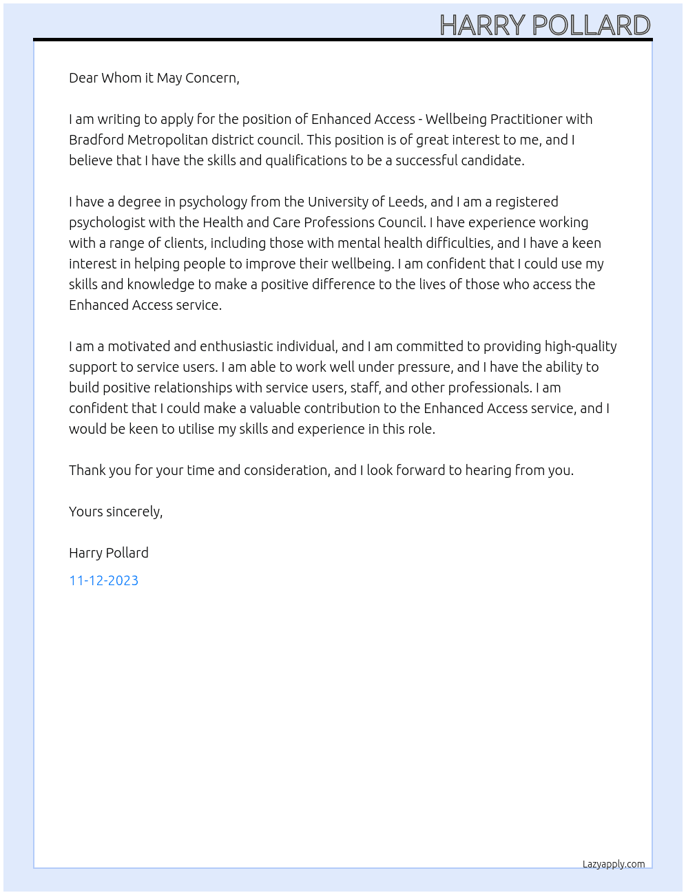 Enhanced Access - Wellbeing Practitioner At Bradford Metropolitan district council Cover Letter