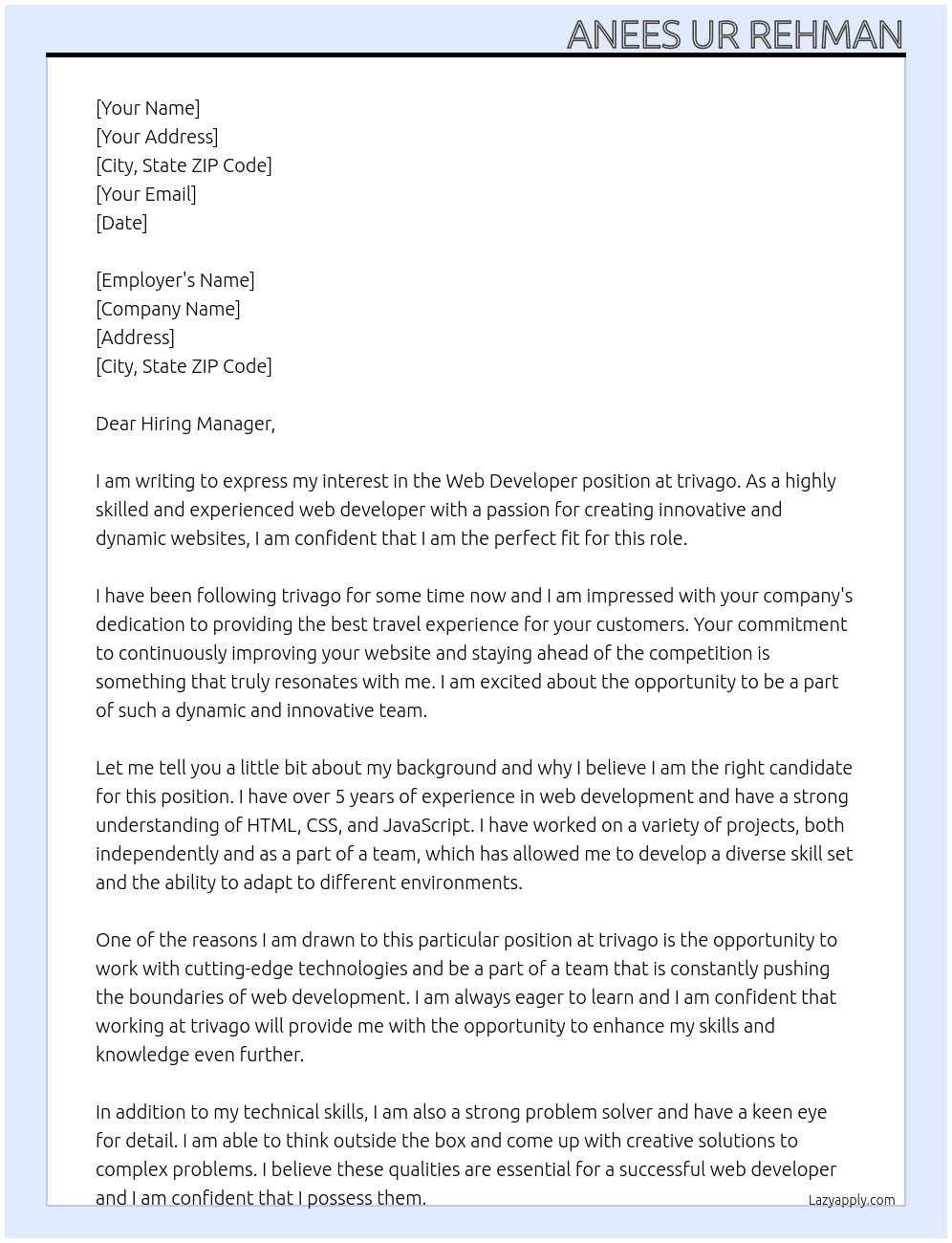 Web Developer At trivago Cover Letter