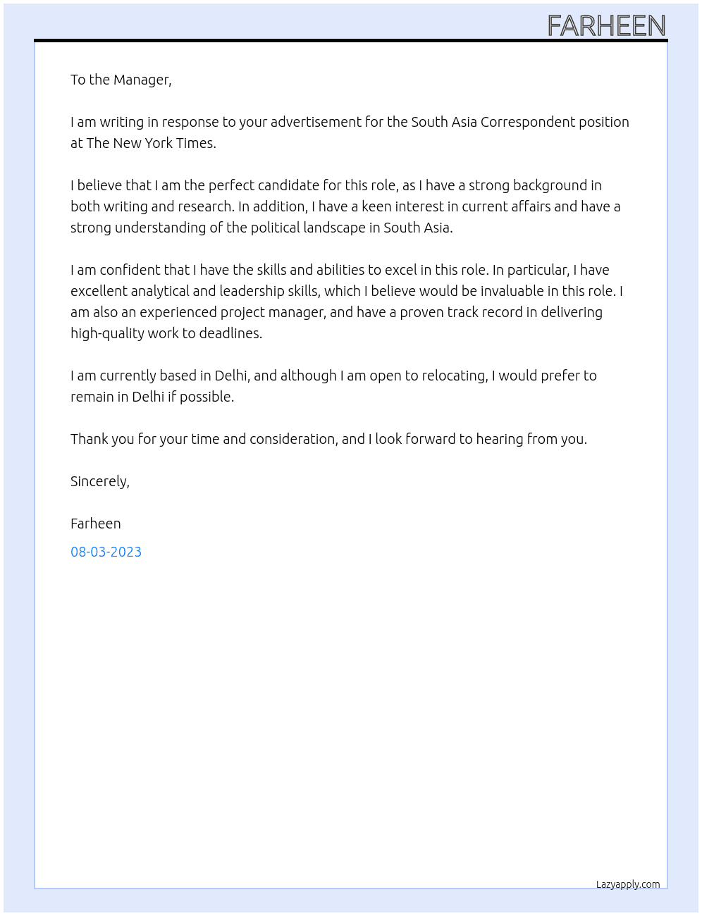 South Asia Correspondent  At The New York Times Cover Letter