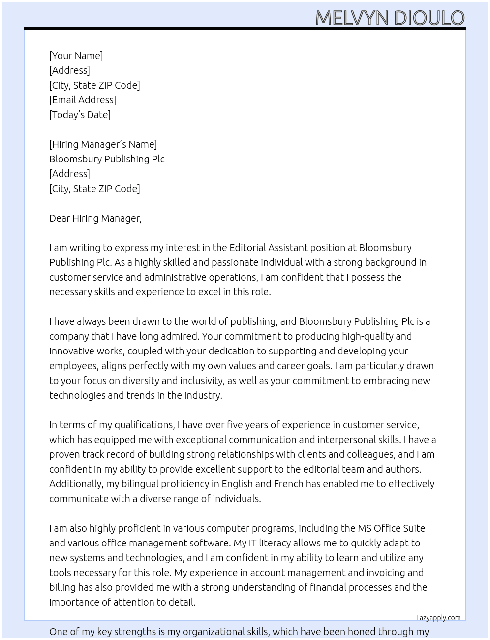 Editorial Assistant At Bloomsbury Publishing Plc Cover Letter