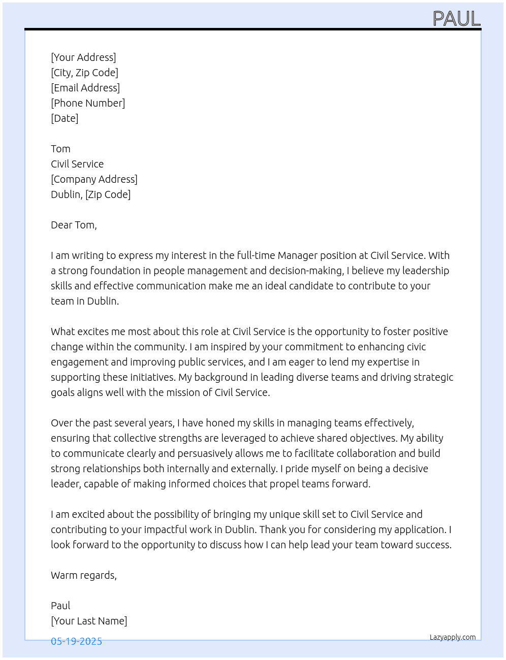 Manager  At Civil service  Cover Letter