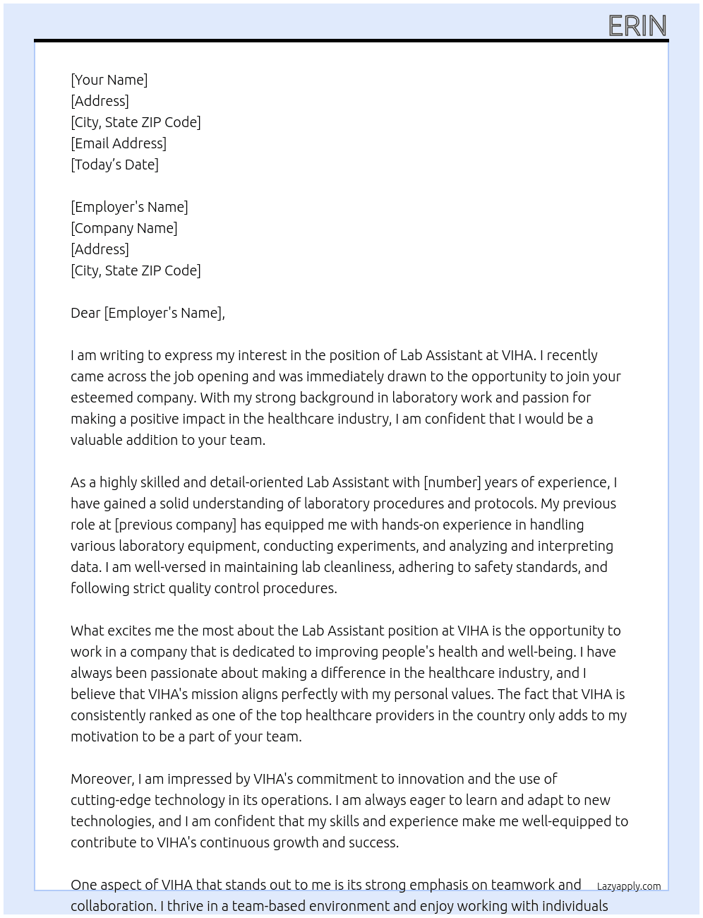 Lab Assistant At VIHA Cover Letter