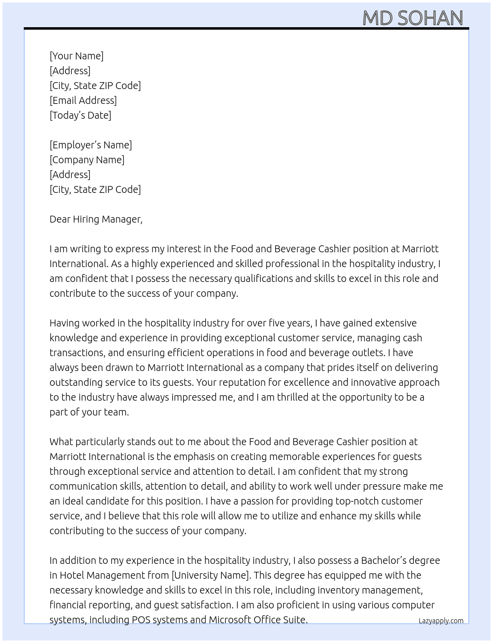 Cover letter for food and beverage cashier - LazyApply